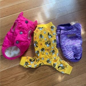 Dog Clothes Bundle - Hot Pink Puffer, Yellow Bee Pajamas, Purple Sweater
